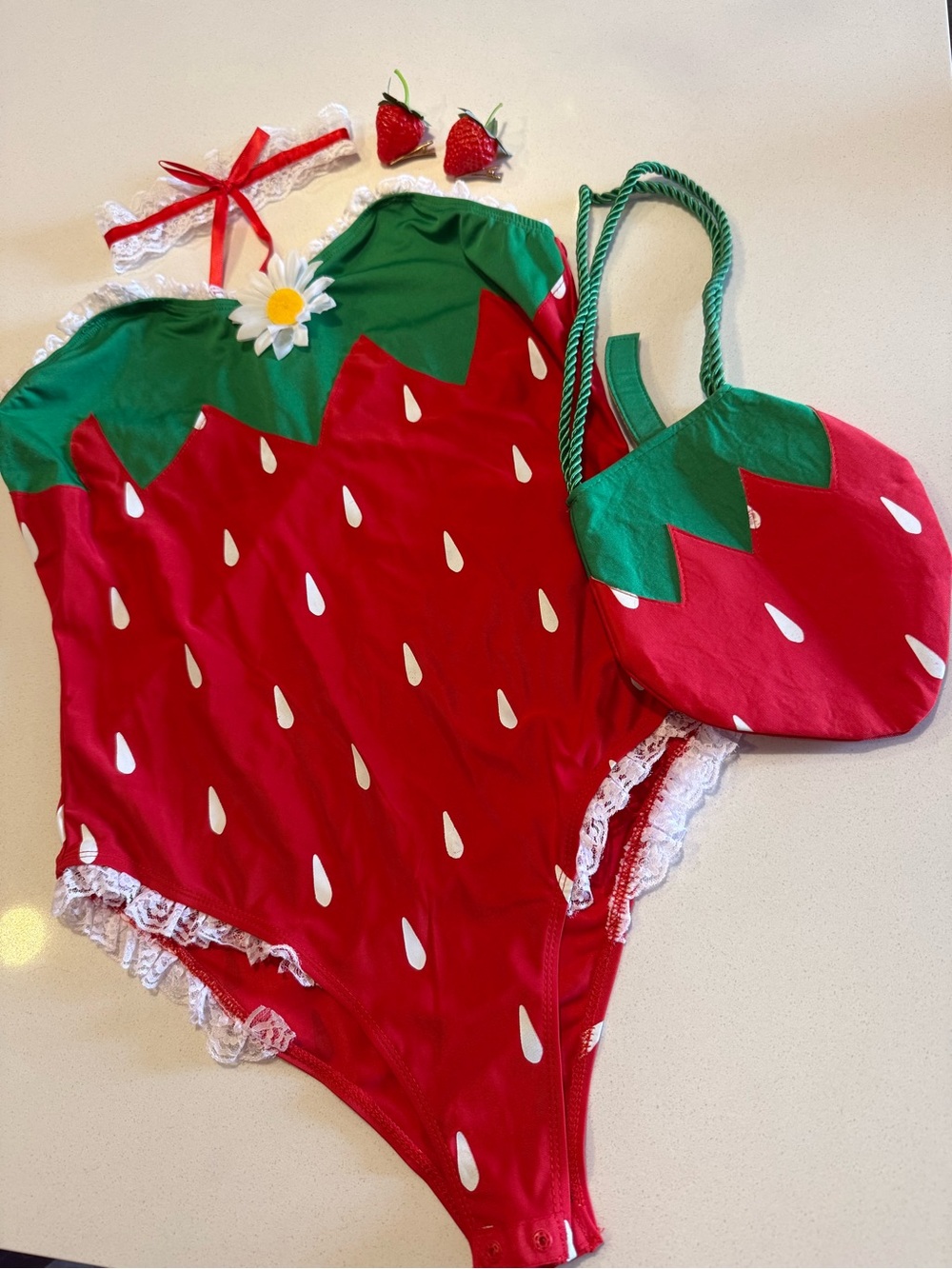 Strawberry Adult Costume Bodysuit with Bag - Red & Green